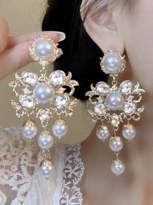 Baroque-Style Faux Pearl Geometric Openwork Earrings, Suitable For Women'S Everyday Wear.