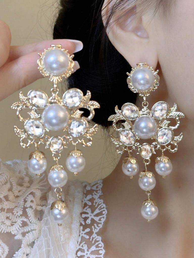 Baroque-Style Faux Pearl Geometric Openwork Earrings, Suitable For Women'S Everyday Wear.