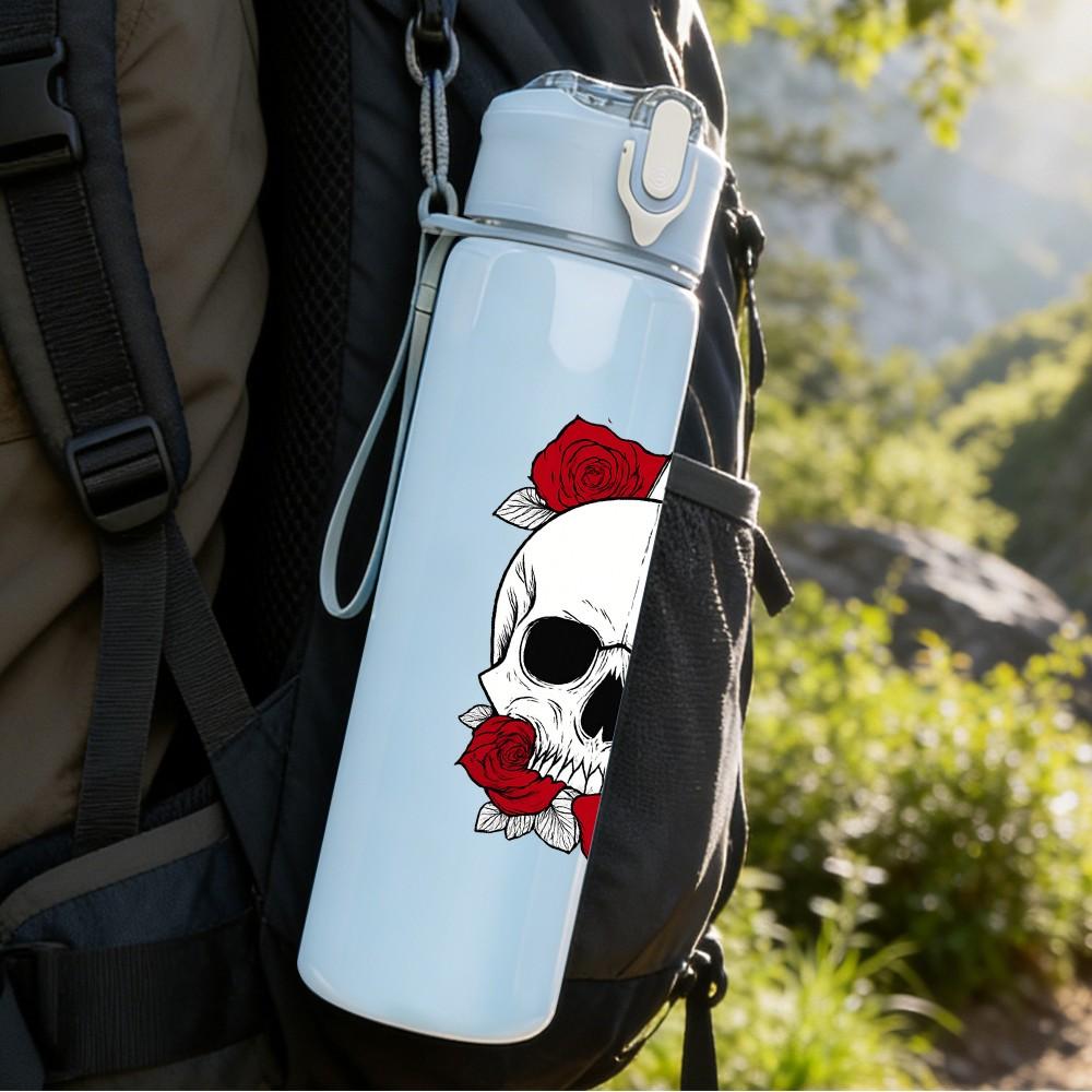 1PC Skull Red Rose Pattern 750ml Color Plastic Sports Water Bottle Leakproof Flip Straw Lid Suitable for Sports Office Home Use