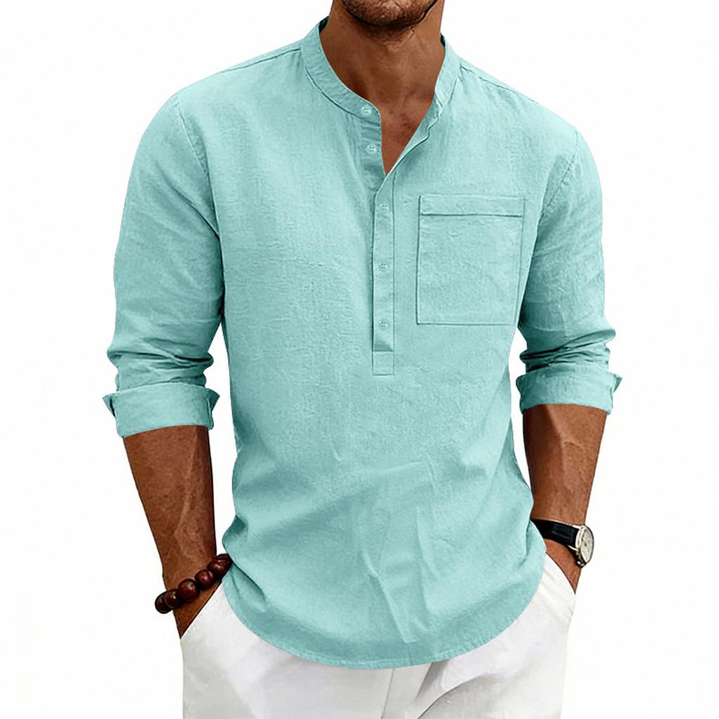 Men’s Long Sleeve Casual Henley Shirt with Stand Collar Single Chest Pocket Relaxed Fit Lightweight