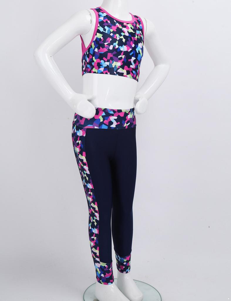 2Pcs Elastic Waistband Long Leggings Pants + Sleeveless Mesh Racer Back Tanks Tops Digital Print Gym Dancewear Outfit