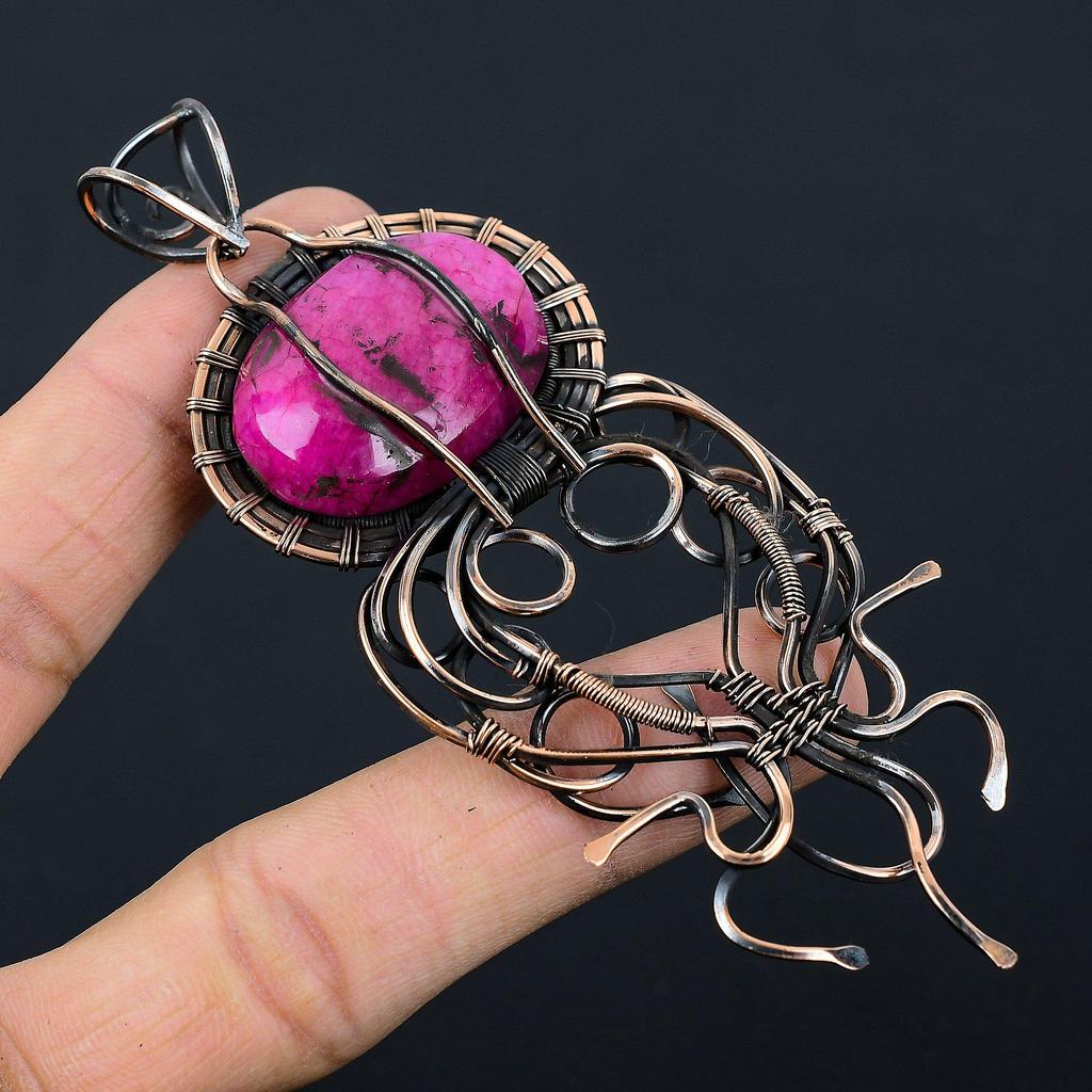 Lab-Created Ruby Gemstone Copper Wire Wrap Handmade Designer Pendant Jewelry Gift For Love