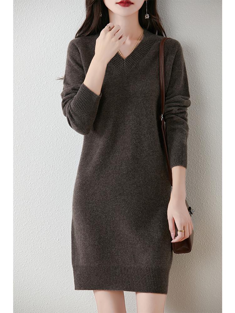 Women's V-Neck Mid-Length Cashmere Knit Dress - Loose Sheath Pullover, 100% Pure Cashmere