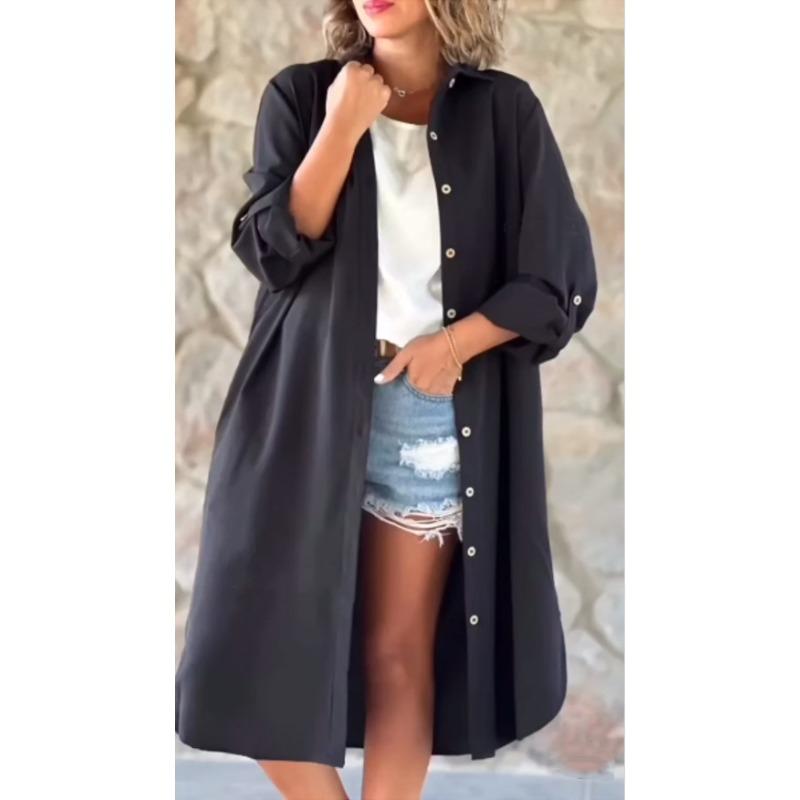 JKASHDK Women's Fashion Spring Fall Solid Color Print Long Sleeve POLO Neck Loose Waistline Casual Dresses