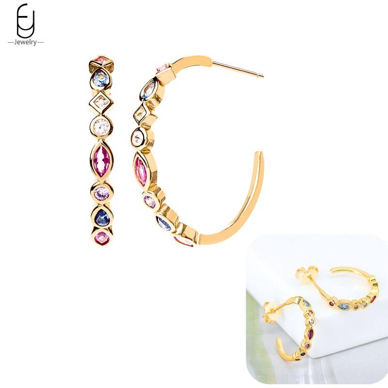 925 Silver Ear Buckles Fashion Hoop Earrings Colorful Crystal Pendants Gold Earring Premium Luxury Women's Jewelry Gift