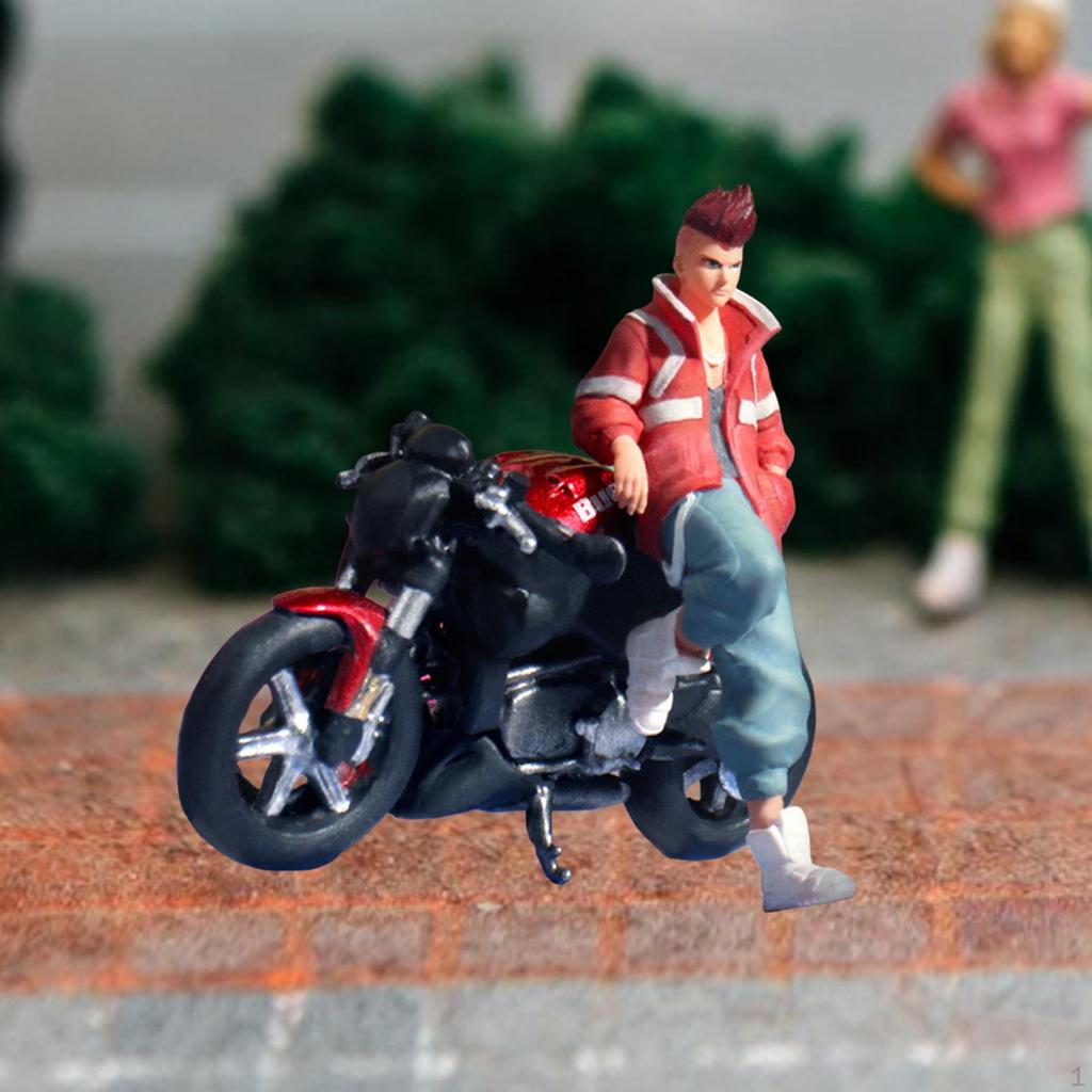 1:64 Motorcycle Model with Resin Figure Hand Painted Tiny People 1/64 Scale Motorbike Scene