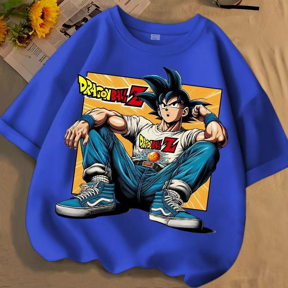 Summer Unisex Pure Polyester Crew Neck T-shirt, Dragon Ball Goku Comic Print,Loose Short Sleeve Tops for Middle and Older Children