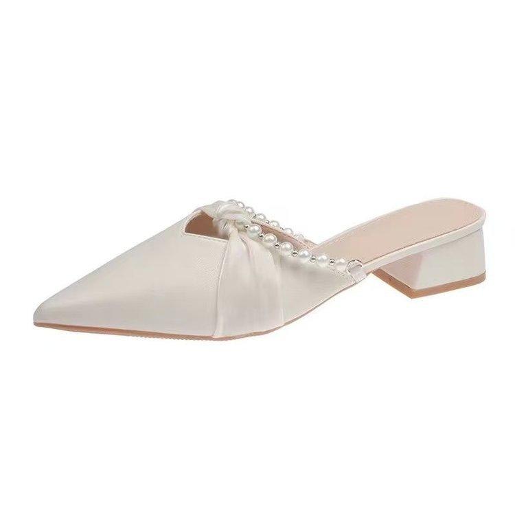 Pointed Fairy Wind Pearl Bag Head Half Slippers Spring and Summer New Outer Wear Thick Heel Middle Heel with Skirt Sandals