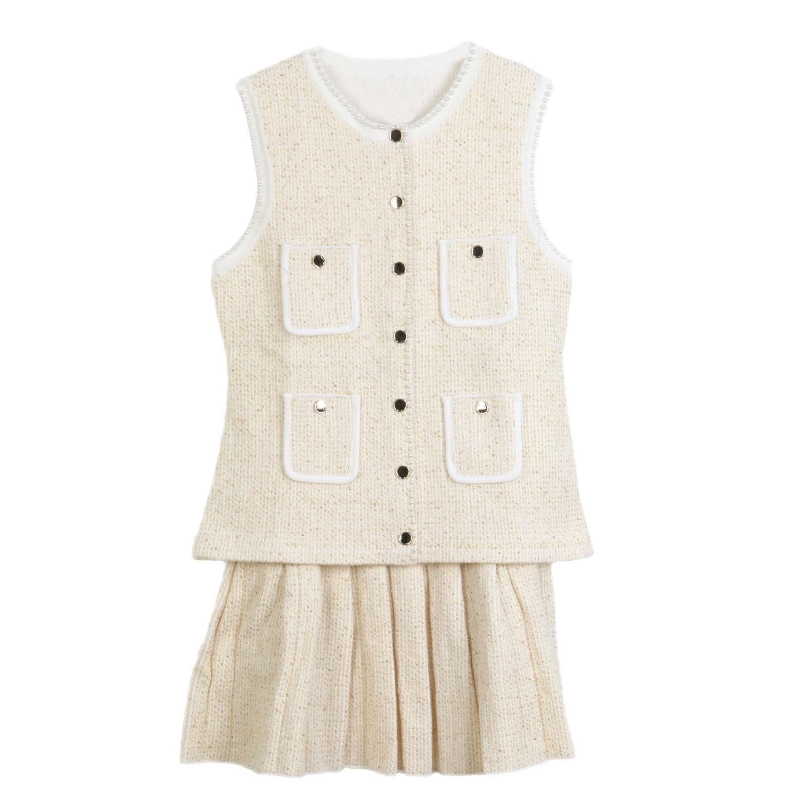 

Spring 2025 Elegant French Pearl-Trim Sequin Vest & Pleated Midi Skirt Set Small