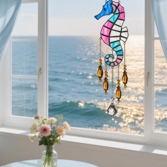 Sea Animal Sun Catcher Coastal Hanging Decoration Conch Starfish Seahorse Suncatcher for Home Windows Balcony Decor