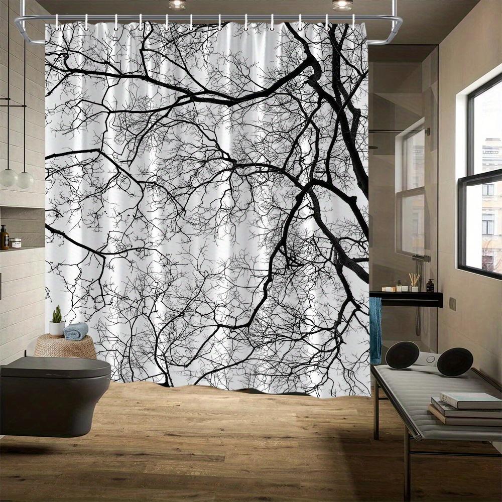 Elegant Minimalist Tree Silhouette Shower Curtain for a Modern Bathroom, Featuring a Bold Black-and-White Design of Intricate W90XH180cm