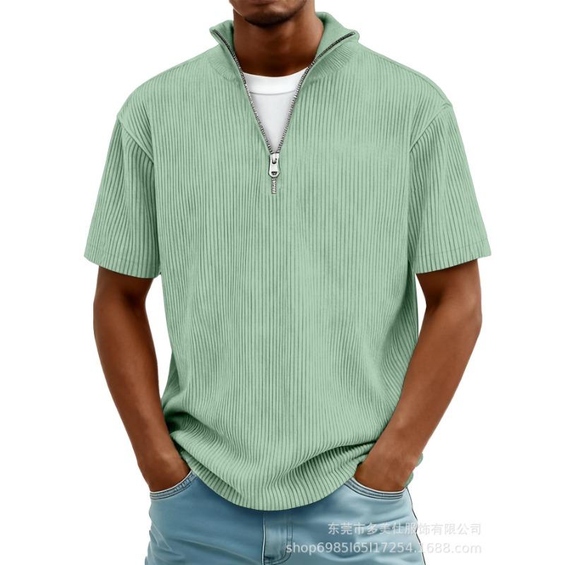 Herren Casual Einfarbiges T-Shirt mit halbem Reißverschluss, Stehkragen und kurzen Ärmeln