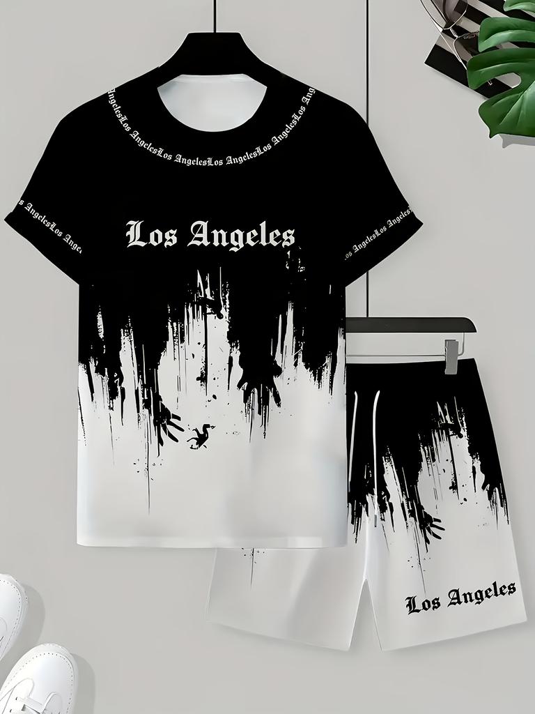 Men 2Pcs Los Angeles Letter Print T-shirt Shorts Set Summer Casual Outfit