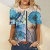 Women's summer round neck temperament breathable short-sleeved blue floral pattern top loose casual wear