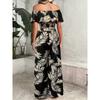 Vacation Jumpsuit Summer Ladies Printed Off-Shoulder Top and Wide Legs Pants Set
