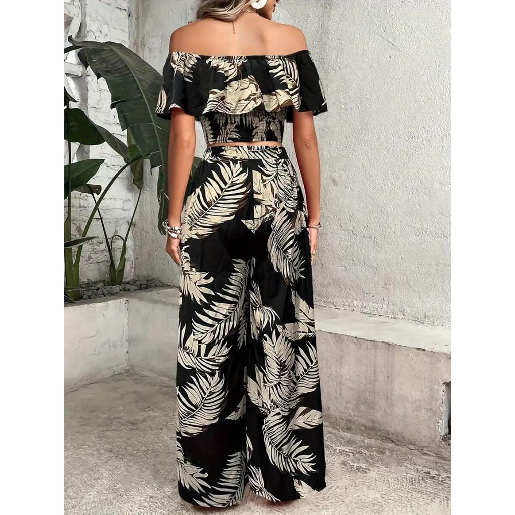 Vacation Jumpsuit Summer Ladies Printed Off-Shoulder Top and Wide Legs Pants Set