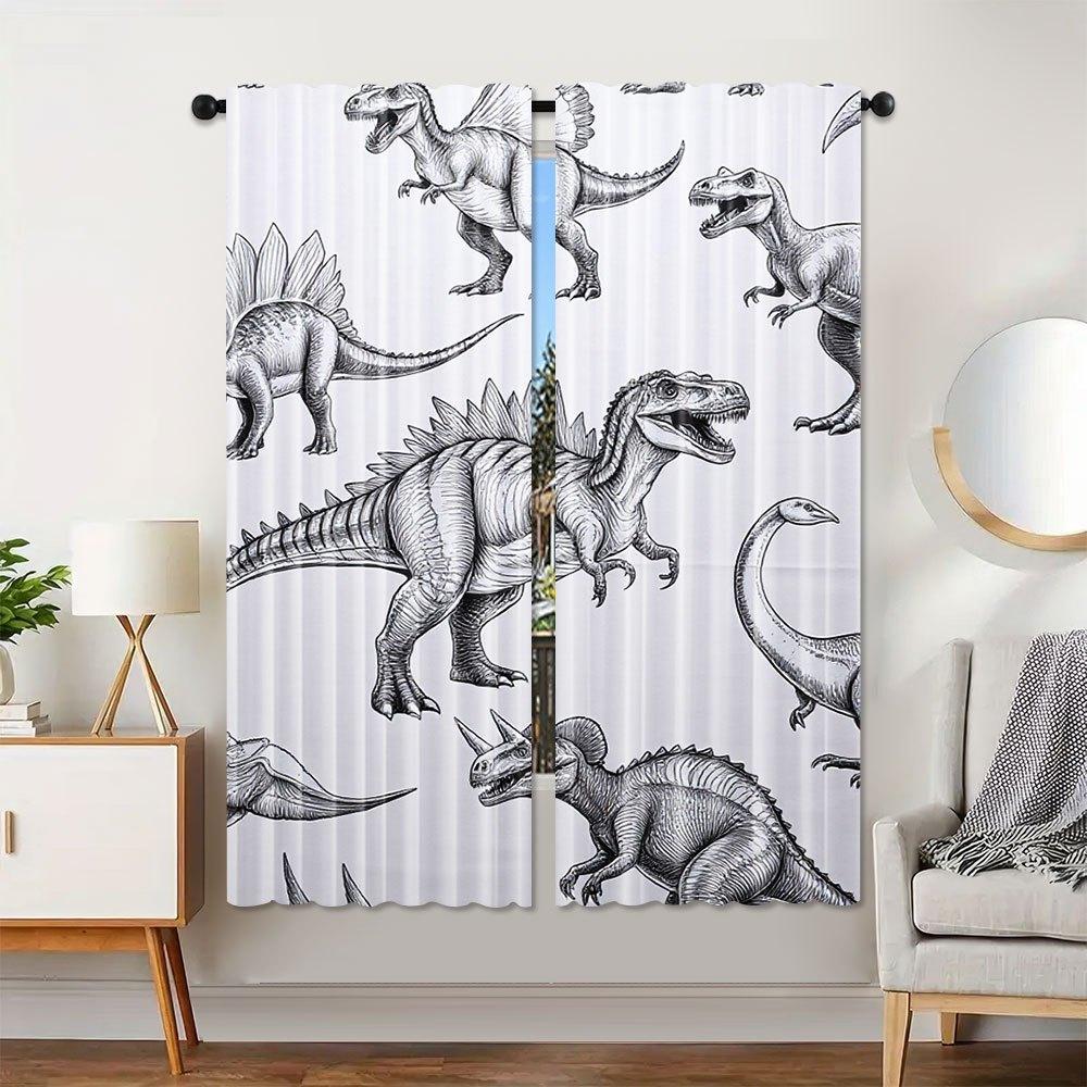 Set Of 2 Dinosaur Art Print Curtains Polyester Drapes Stegosaurus Rex Design Machine Washabl Curtain With Rod Pocket Light Filtering