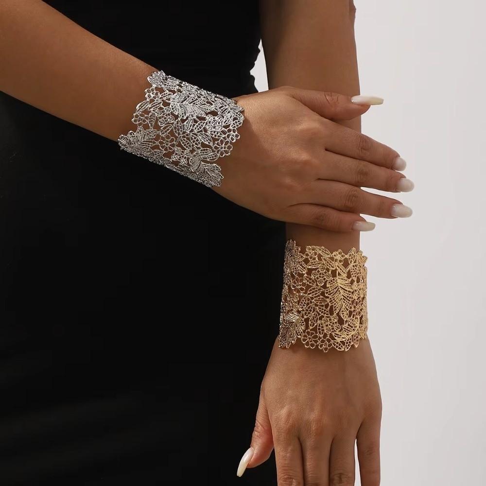 Elegant Hollow Out Bangle Alloy Wide Open Bangle Retro Exaggerated Bracelet for Women
