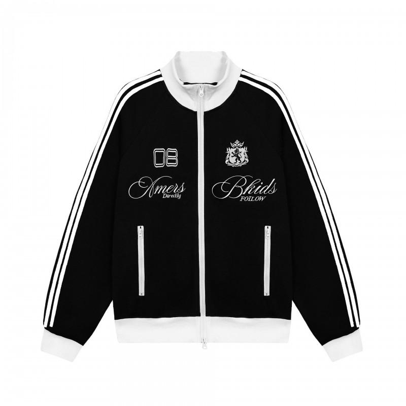 Unisex Retro Streetwear Zip-Up Jacket With Embroidered Patch Stand Collar Loose Fit Casual Wear