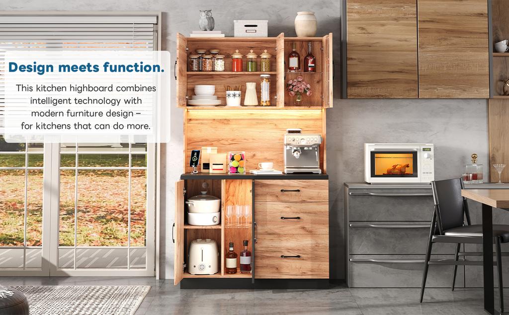 105 × 40 × 180 Cm Modern Tall Kitchen Cabinet, Black and Wood-look with LED Lighting, Adjustable Shelves and Euro-style Socket