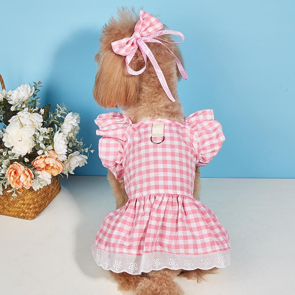 Summer Dog Clothes Bow Sleeve Lace Headdress Ruffled Elegant Dressing-Up Hem Pullover Soft Plaid Dress Pet Cat Two-legged Clothes