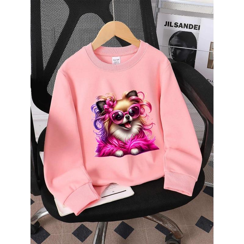 Kids Crewneck Sweatshirt, Cute Dog with Pink Fur Bow & Glasses Graphic Print,Spring Autumn Casual Sport Tops