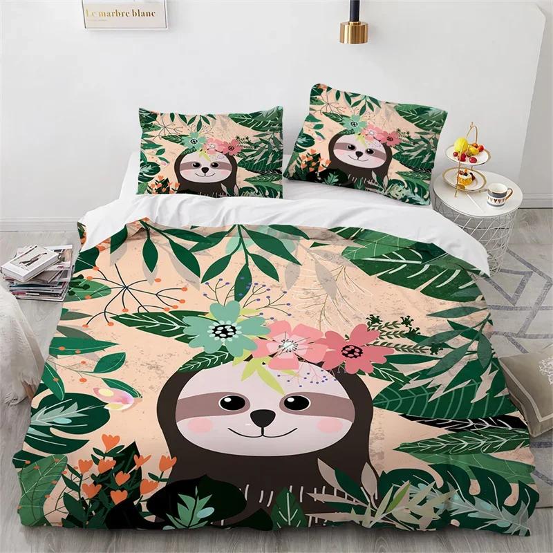 Sloth Bedding Set Kawaii Animals Comforter Cover For Boys Girls Teens,Botancial Flowers Duvet Cover Cartoon Wildlife Quilt Cover