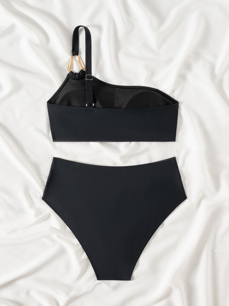 Solid One Shoulder Low Waist Sexy Bikini Set Elegant Comfortable Two Piece Swimwear