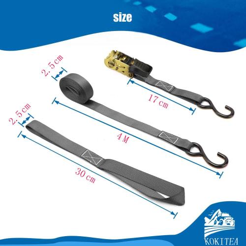 KOKITEA Black Lashing Belt, Tie-Down Ratchet Type, Cargo Tie-Down Belt, 2-Strand Lashing, 4m, 2.5cm Wide, 800kg Breaking Load per Strap, Maximum Load