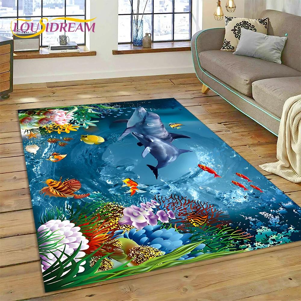 3D Illusion Underwater World Seabed Shark Dolphin Cartoon Carpet Rug for Bedroom Living Room Sofa Decoration,Kid Decor Floor Mat