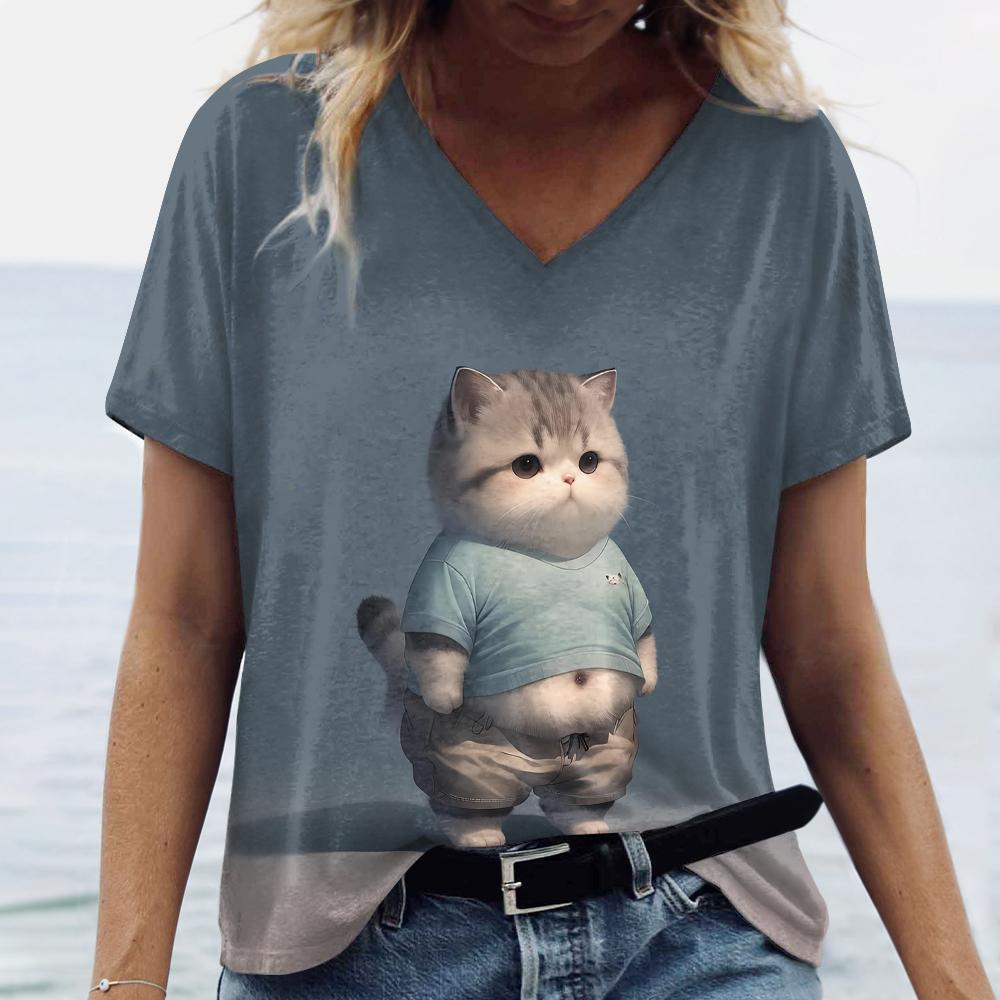 Animacinės katės spaudiniai Moteriški marškinėliai Mielas pilvo katės raštas Laisvalaikio trumpos rankovės Vasaros mados marškinėliai Laisvi moteriški drabužiai Viršus