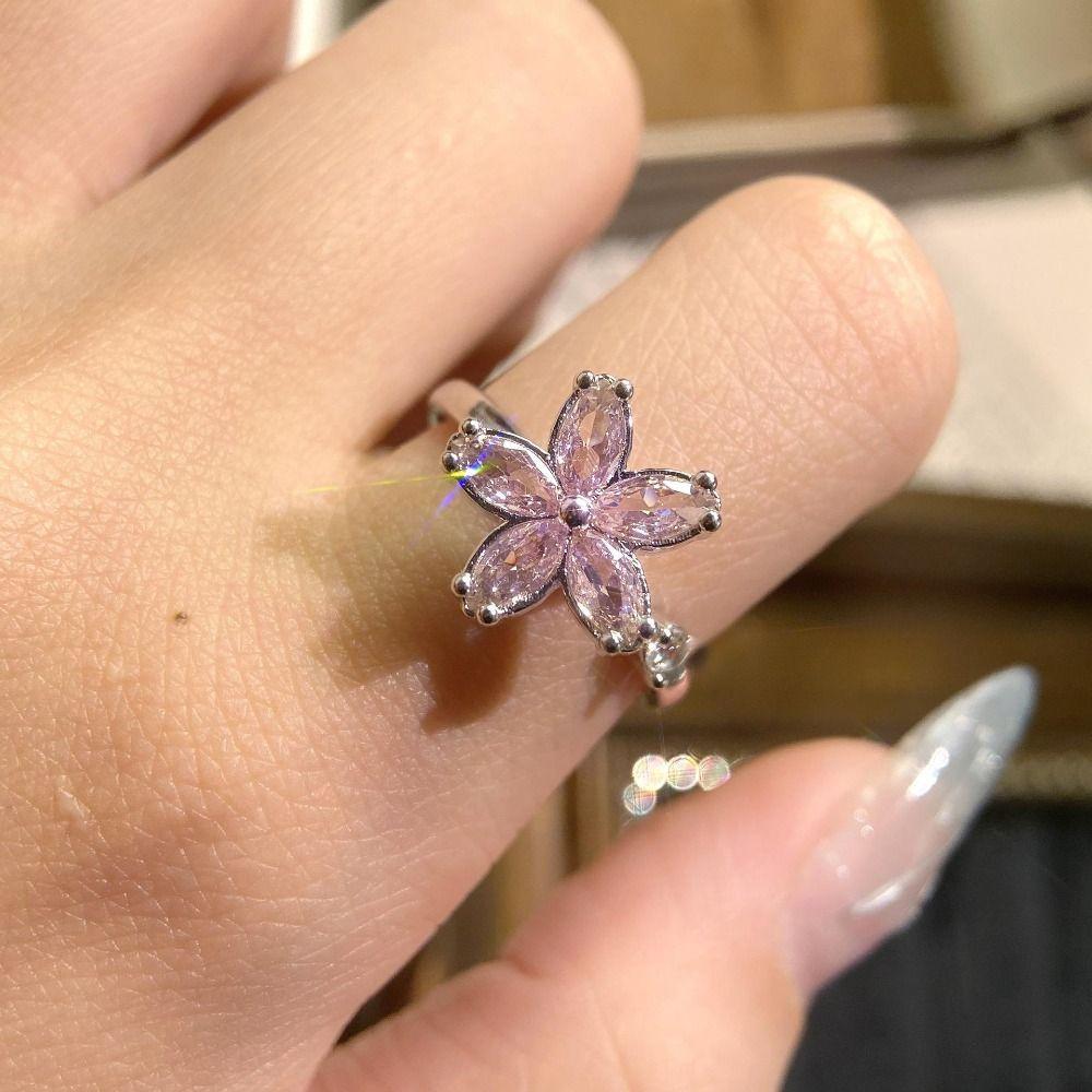 Female Ring Cherry Blossom Ring Rotating Design Pink Zircon Ring Floral Synthetic Ring Daily Wear