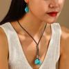 Turquoise Stone Heart Pendant Necklace Earring Set Charming Love Heart Shape Pendant Brown Leather Necklace Earrings Set