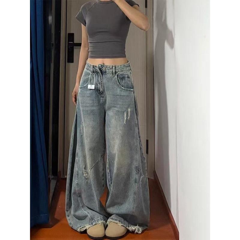 Women s High Waist Patchwork Ripped Scythe-Shaped Wide Leg Jeans - New Spring/Autumn 2025 Design M синий