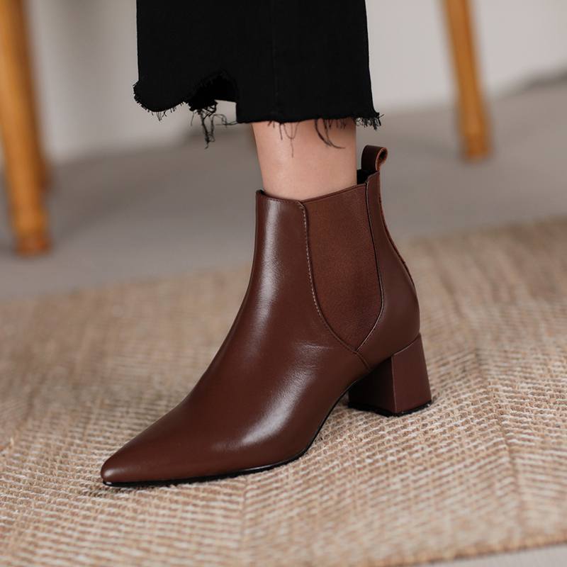 Krazing Pot Kravská kůže Zimní Špičaté špičky Silné střední podpatky Chelsea boty Dámské Nazouvací Velká velikost Retro Stručný styl Kotníkové boty