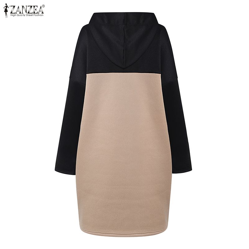 ZANZEA Women Hoodies Casual Patchwork Long Sleeve Hooded Sweatshirt Dress