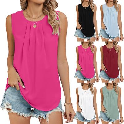 Summer New Pleated Crew Neck Sleeveless Chiffon Vest Top For Women, Amazon Cross-border European American Casual Tops In Stock