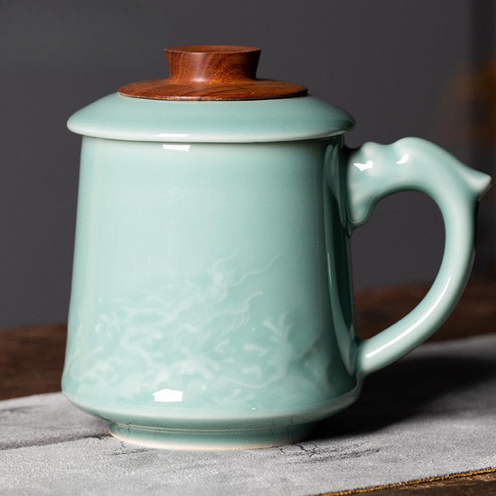 455ml Handmade Longquan Celadon Office Water Cup Chinese Conference Cup with Lid for Tea Making Personal Cup