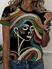 Women's Short-sleeve T-shirt with Black Background and Colorful Line Art Portrait Print. Fully Embodying a Y Casual Style. Suitable for Casual Attire.