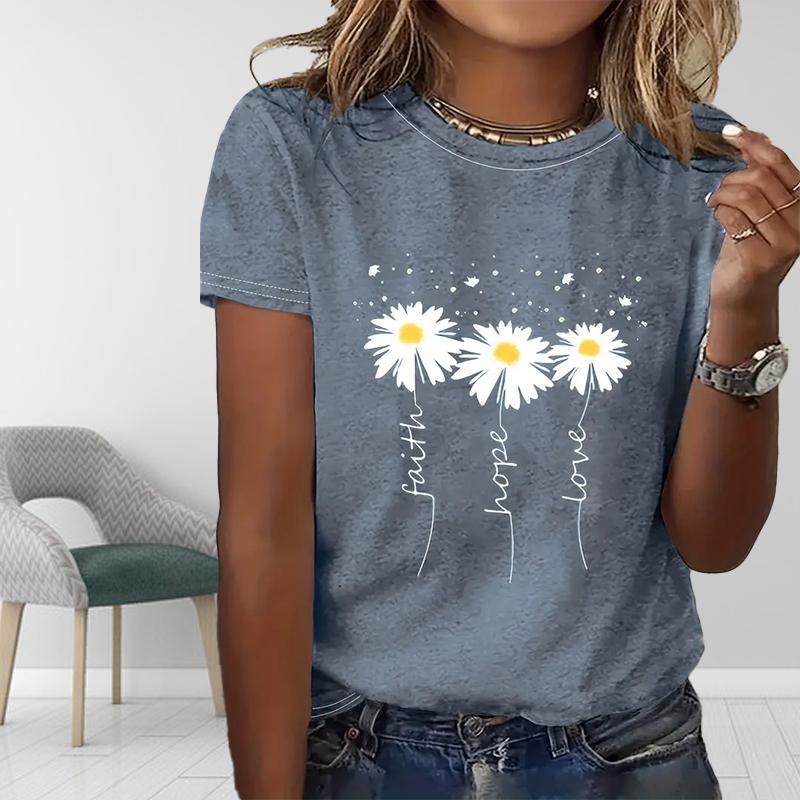 Women Summer T Shirt  Print Cute White Flowers  Short Sleeve Tees Casual   Printed  Tops