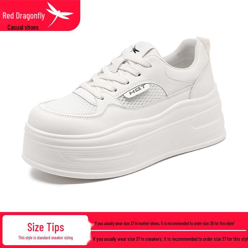 Red Dragonfly Women s Summer Mesh White Sneakers - Hollow-out, Thick Sole, Height-Boosting, Breathable Casual Shoes 36