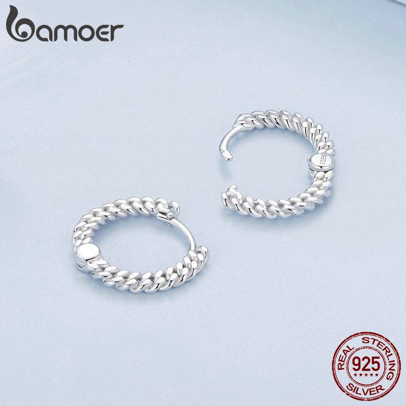 Bamoer 925 Silver Twisted Chain Ear Buckles Simple Punk Style Silver Hoop Earrings for Women Fine Jewelry