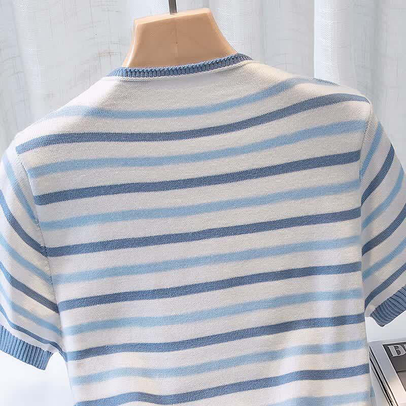 Damen Kurzarm Strick-T-Shirt mit Farbblock-Streifen