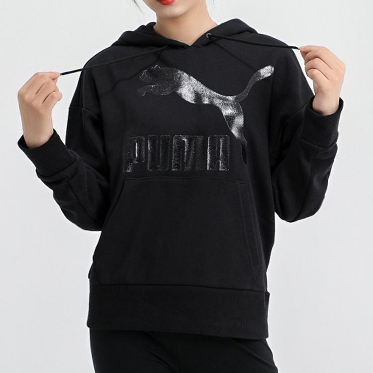 Puma Casual Printed Logo Knit Hoodie Women Tops Black 599197-51