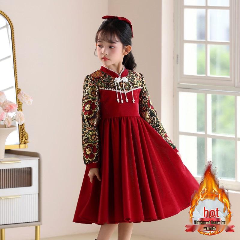 Robe Qipao en Velours pour Filles - Style Chinois Nouvel An, Collection Automne/Hiver