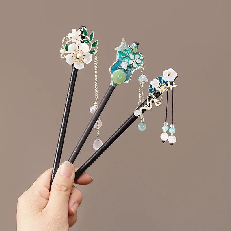 New Chinese Style Antique Style Green Fan Flower Women's Walk Shaking Wooden Hairpin Banquet Party Cheongsam Hanfu Accessories