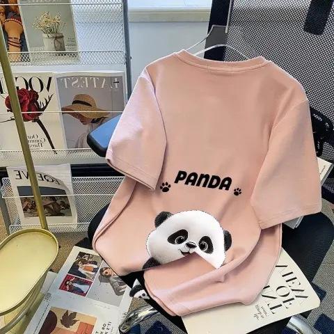 Women's Crew Neck Short Sleeve T-Shirt Cute Panda Print Loose Casual Mid Length Summer Tops Tees