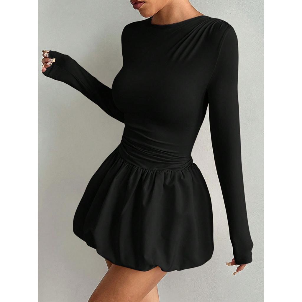 New Arrival Women's Fashion Long Sleeve Bodycon Elastic Puffy Dress, Casual Elegant Dress for Women, European American Style