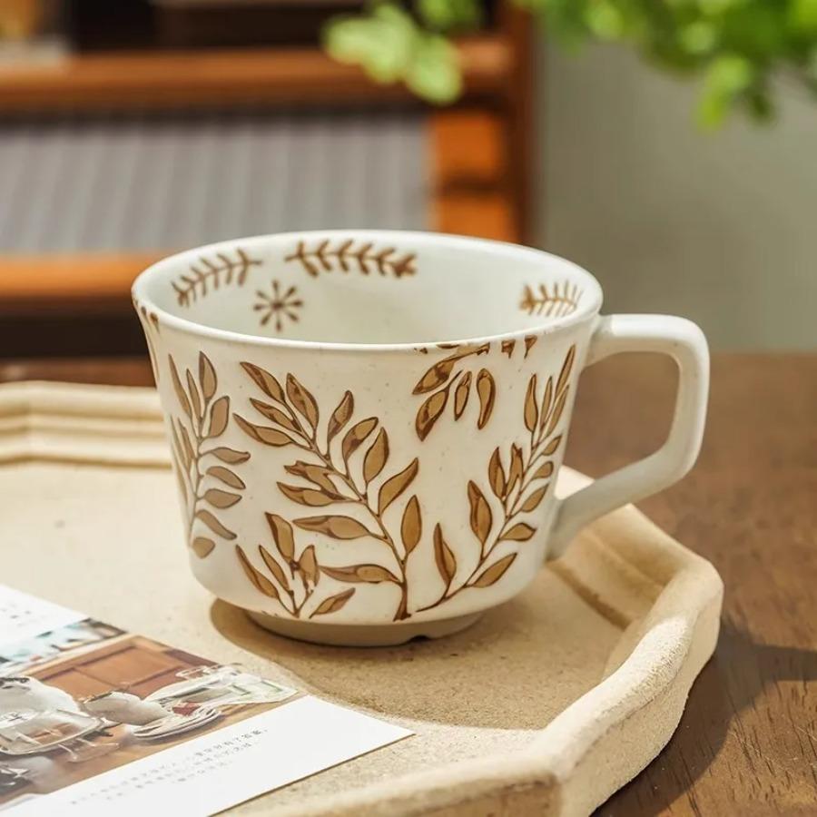 Vintage Embossed Aquatic Weed Ceramic Coffee Cup Breakfast Oatmeal Milk Mug Home Drinking Water Mug Holiday Gift Mug Home Decor