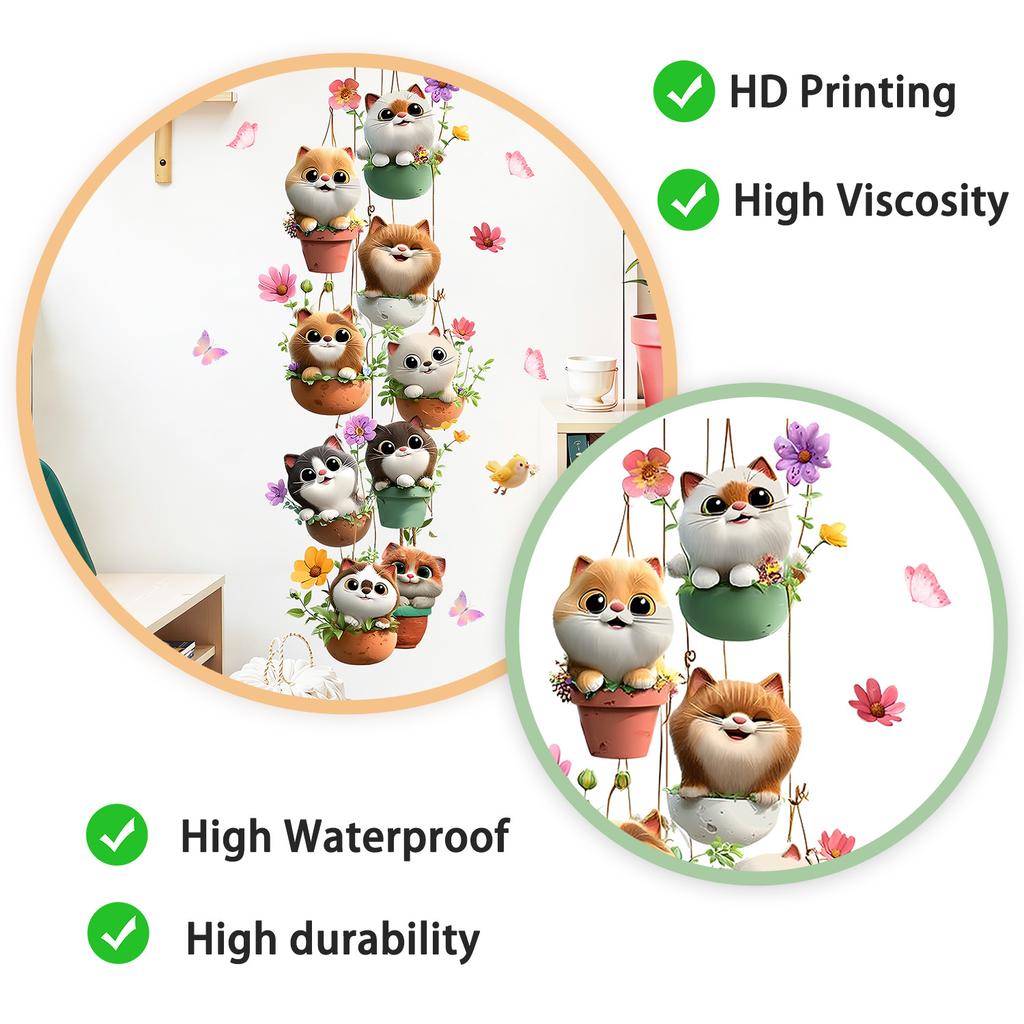 Hanging Cat In Flower Pot Wall Sticker Cute Colorful Cat Floral Butterfly Self-Adhesive Waterproof Bedroom Living Room Home Decor